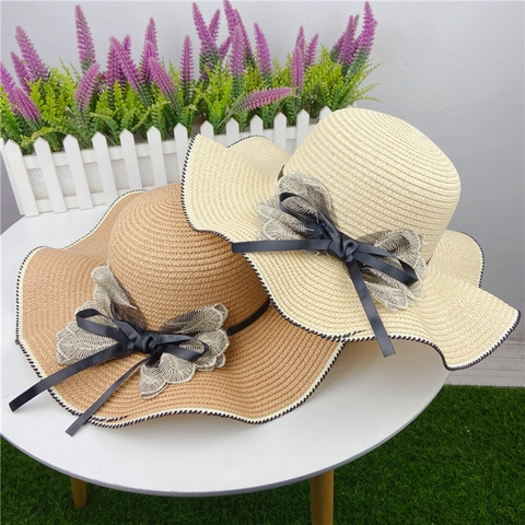 Women Large Wavy Brim Straw Hat With Lace Flower Ribbon Bow Sun Protection Beach Holiday Floppy Sunhat Elegant