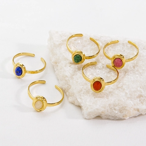 Bague Ouverte Réglable en Acier Inoxydable de Luxe Français pour Femme Bijoux de Style Vintage Bohème avec Pierre Naturelle Ovale