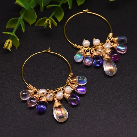 Pendientes de Aro Hechos a Mano Con Perlas de Agua Dulce Strass Poste de Plata de Ley 925 Joyería para Mujer