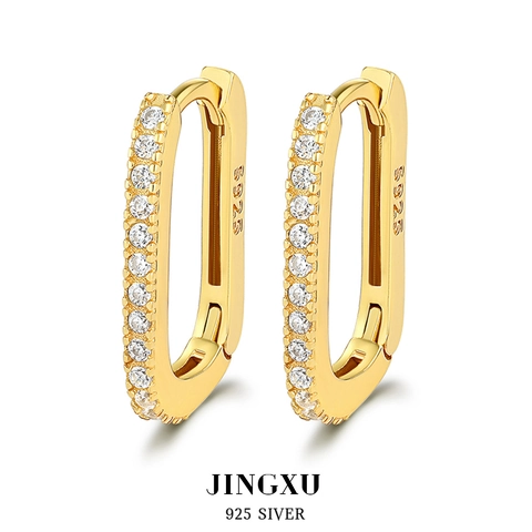 Geometric Rectangular Hoop Earrings 925 Sterling Silver Zircon Inlaid Huggie Buckle Jewelry For Women Elegant Luxury