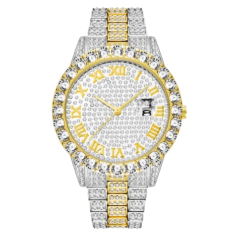 Luxury Mens Quartz Watch Iced Out Full Rhinestone Waterproof Date Display Roman Numerals Alloy Band Hip Hop Fashion Jewelry