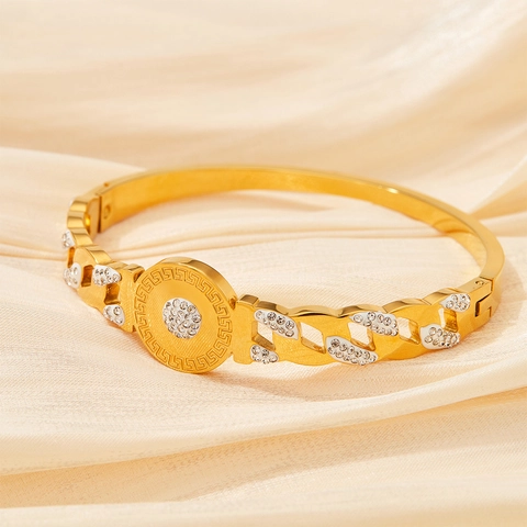 Brazalete De Acero Inoxidable Diamantes De Imitación Hueco Geométrico Patrón De Llave Griega Joyería Chic Para Mujer