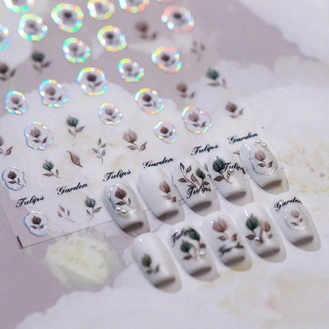 Pegatinas para Uñas Holográficas Jardín de Tulipanes Autoadhesivas Estampado en Caliente Láser Calcomanías Florales DIY