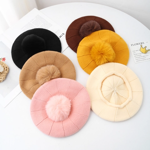 Boina De Punto Para Niñas Con Pompon De Piel Sintética Cálido Inviernos Color Sólido Acrílico Pintor Niños