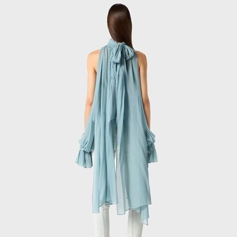 Französische Elegante Schifffon Bluse Top Plissiert Neckholder Bindeband Hinten Fließend Glockenärmel Damen Sommer