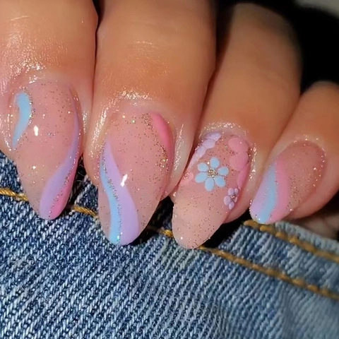Press On Nagels Amandelvorm Bloemenpatroon Golflijn Glitter Kunstnagels Zoete Glanzende INS Stijl Voor Vrouwen