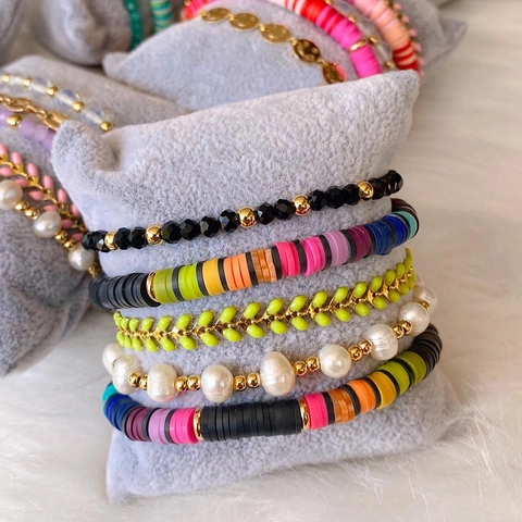 Beaded Bracelets Natural Freshwater Pearl Colorful Heishi Clay Beads 18K Gold Plated Brass Bohemian Summer Jewelry Women