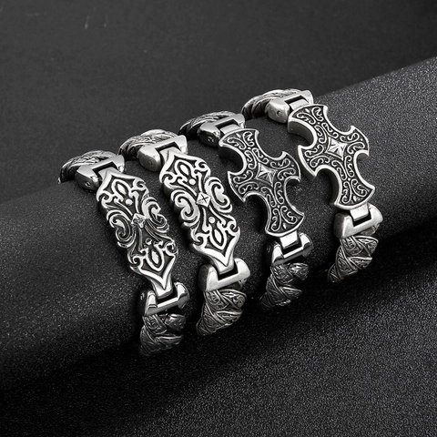 Men Vintage Engraved 316L Stainless Steel Bracelet Gothic Cross Pattern Chunky Chain Punk Jewelry