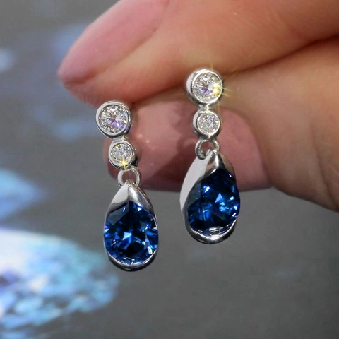Pendientes Colgantes Reales Franceses Retro Lujo Cobre Con Piedra Preciosa Pera Azul Y Circonita Geométrico Para Mujer