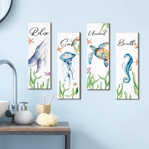 Nautical Wood Bathroom Wall Decor Whale Jellyfish Turtle Seahorse Ocean Theme Modern Minimalist Decorative Hanging Signs Home Wall Art
