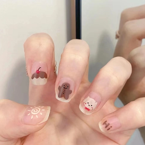 Cute Cartoon Press On Nails Short Round Artificial Nail Tips With Gingerbread Man Dog Cake Pattern Removable Student Nail Decor