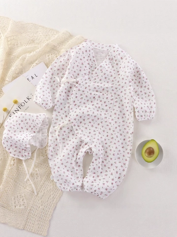 Baby Mädchen Floral Romper Set Baumwolle Gaze Langarm Kimono Seitliche Bindung Jumpsuit Und Passender Hut Muslin