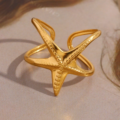 Seestern Ring Gold Vergoldet Edelstahl Verstellbar Offen Ozean Thema Modeschmuck Für Frauen