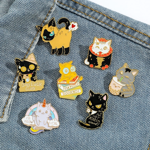 Funny Enamel Cat Brooch Pins Cartoon Black Cat Drinking Milk Tea Bad Luck Club Badge For Clothes Bags Zinc Alloy Pins Jewelry