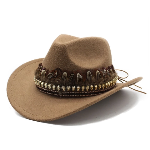 Retro Western Cowboy Hat Wide Brim Polyester Felt With Feather Band And Metal Skull Charms For Men Women Gothic Boho Style