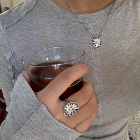 Gänseblümchen Halskette Ohrringe Ring Bicolor Kupfer Zirkonia Mit Silbernem Ohrstecker Elegant Schlüsselbeinkette Damen