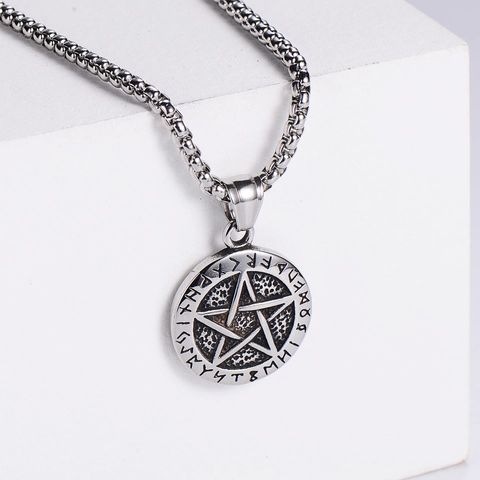 Pentagramm Anhänger Halskette 316L Edelstahl Nordische Runen Runde Münze Vintage Wikinger Punk Schmuck Für Männer