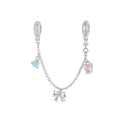 S925 Sterlingsilber Ballett Schleife Sicherheitskette Mit Irisierenden Schmetterlings Herzanhängern Für DIY Armband Schmuck