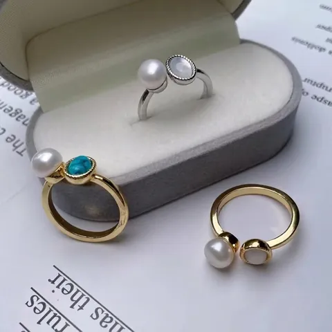 Ins Style Freshwater Pearl Ring For Women Niche Design Shell Turquoise Copper Alloy Open Adjustable Band Ring Fashion Jewelry