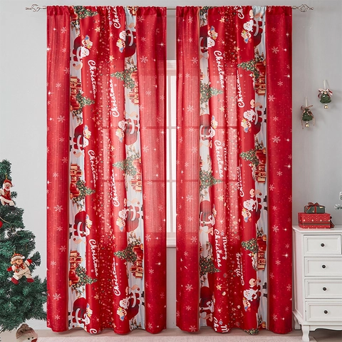 Rideaux De Noël Polyester Semi-Occultant Imprimé Père Noël Flocon De Neige Motif Pour Salon Chambre Décor De Maison