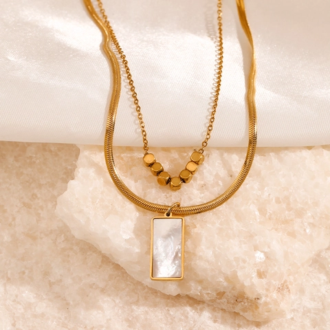 Minimalist Stainless Steel Double Layer Necklace For Women 18K Gold Plated Rectangular Shell Pendant Clavicle Chain Jewelry
