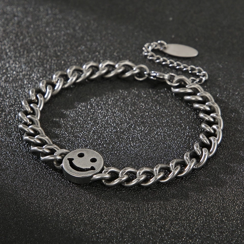 Bracciale Con Ciondolo Rotondo Faccina Sorridente Acciaio Inossidabile Catena Cubana Regolabile Gioielli Retro Punk