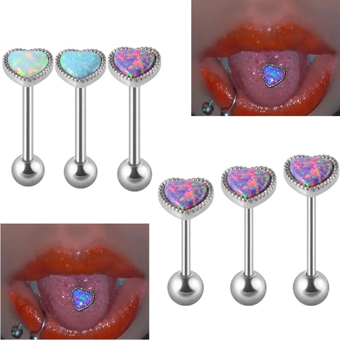 Heart Shaped Opal Tongue Ring Stainless Steel Piercing Barbell Body Jewelry For Women Men Fashion Accessories