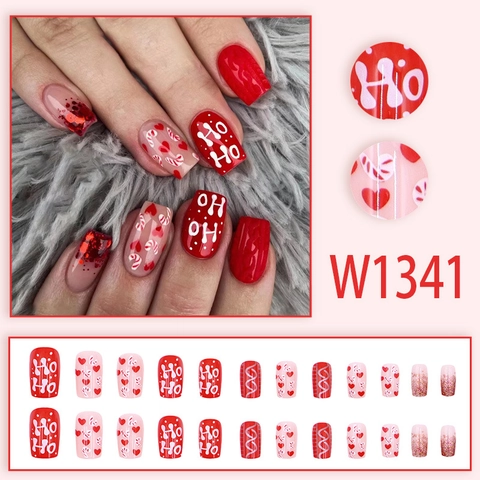Christmas Press On Nails Long Square Red Heart Candy Cane Pattern Ho Ho Text 3D Relief Knit Texture Festive Fake Nails
