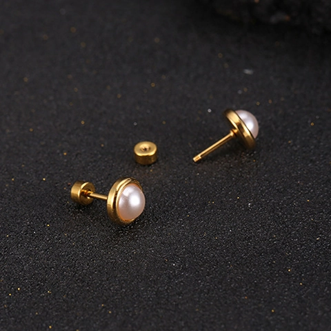 Round Simulated Artificial Pearl Stud Earrings Stainless Steel Gold Plated Minimalist Elegant Jewelry Women