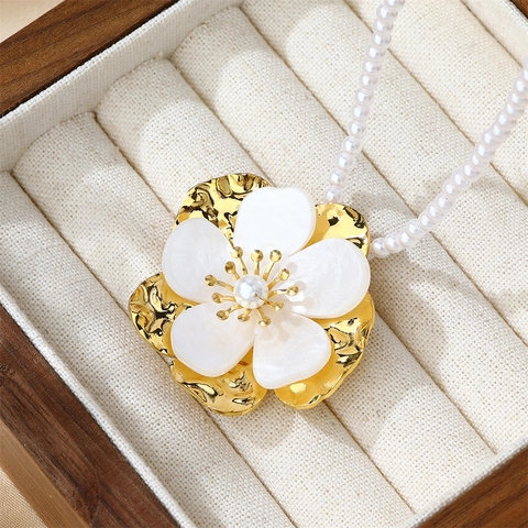 Flower Pendant Necklace Stainless Steel Gold Plated Artificial Pearl Shell Camellia Jewelry Elegant Women Gift