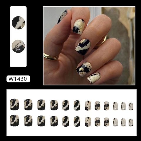 Uñas Postizas A Presión Vintage Estampado De Leopardo Mármol Cortas Cuadradas Puntas De Uñas Con Pan De Oro Color Caramelo Queso
