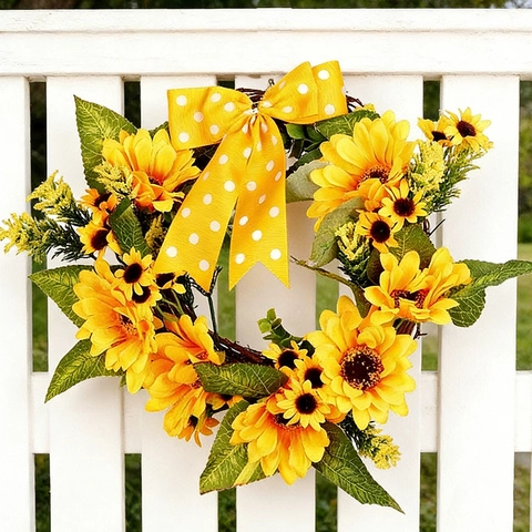 Künstlicher Sonnenblumenkranz Satinntuch Blume Tür Wandbehang Hochzeit Party Heimdekoration Mit Gepunkteter Schleife
