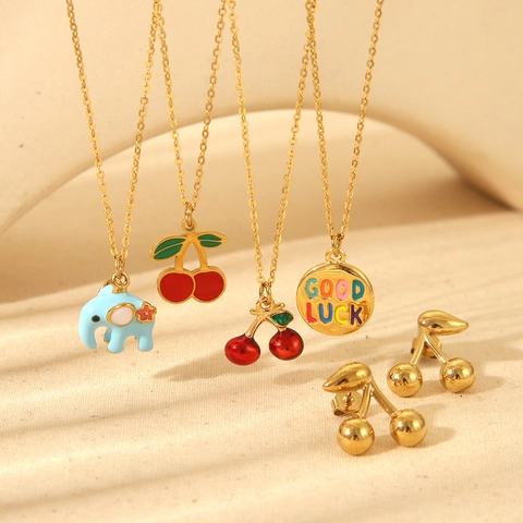 Stainless Steel Enamel Cherry Elephant Pendant Necklace For Women Gold Plated Fruit Animal Good Luck Jewelry Necklace