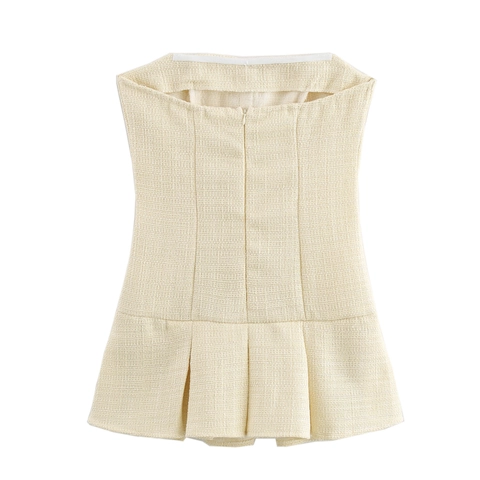 Strapless Tweed Mini Jurk Elegant Hoge Taille Geplooide Zoom Met Metalen Knopen Vintage Stijl Dames Polyester Slanke Pasvorm