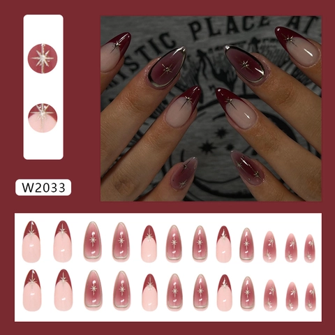 Uñas Press On Almendras Plástico ABS Borgoña Degradado Francés Patrón Estrella Plata Brillante Moda Para Mujeres