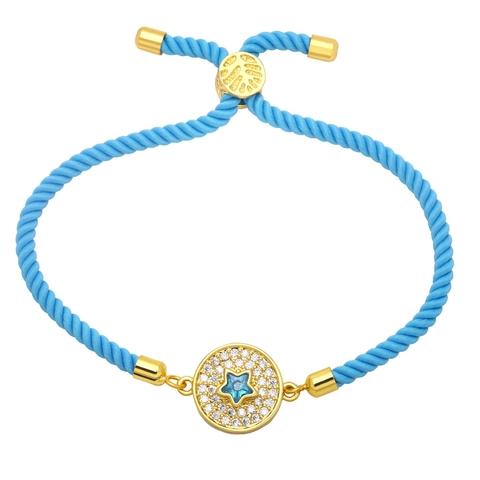 Star Round Pendant Bracelet 18K Gold Plated Copper Colorful Twisted Cotton Rope Adjustable Micro Pave Cubic Zirconia