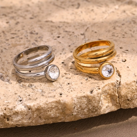 Anello A Spirale A Doppio Strato In Acciaio Inossidabile Placcato Oro 18K Zirconia Cubica Rotonda Gioielli Geometrici