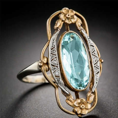 Vintage Victorian Style Hollow Flower Copper Ring With Oval Blue Gemstone And Cubic Zirconia Jewelry For Women