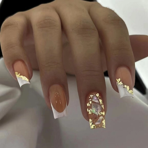 French Press On Nails Gold Foil Shell Fragments Square Shape Nude White Elegant Long Manicure For Women