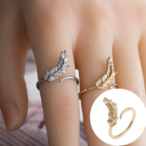 Anello Aperto a Ramoscello d'Ulivo per Donna in Rame Minimalista Regolabile Intarsiato con Zirconia Oro Argento Gioielli
