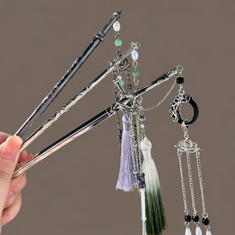 Zwaard Haarspeld Legering Lotus Halve Maan Lange Satijnn Kwast Vintage Chinese Stijl Hanfu Accessoire Voor Vrouwen