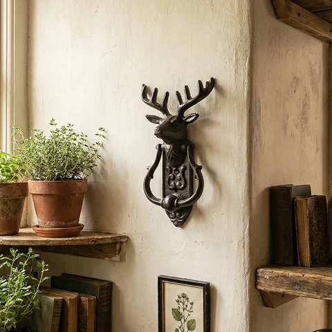 Retro Cast Iron Deer Head Door Knocker Stag Wall Decor Rustic Antique Bronze Front Gate Handle For Home Garden Hotel