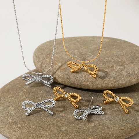 Bowknot Stainless Steel Necklace And Earrings Rhinestone Inlaid Beaded Design Minimalist Fashion Jewelry For Women