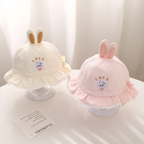 Cappello Sole Neonati Cotone Pizzo Pescatore Orecchie Coniglio Ricamo Coniglio Fiocco Dolce Stile Per Bambine