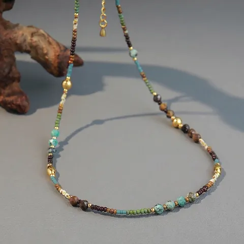 Bohemian Beaded Necklace With Natural Stone African Turquoise Seed Beads Handmade Vintage Colorful Clavicle Chain For Women