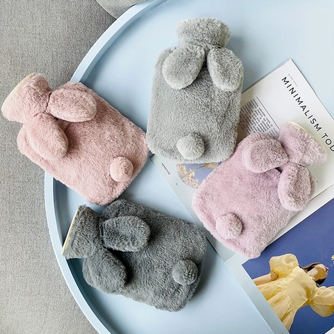 Hot Water Bag With Faux Rabbit Fur Plush Cover Bunny Ears Tail Design Leakproof Portable Winter Warmer For Pain Relief
