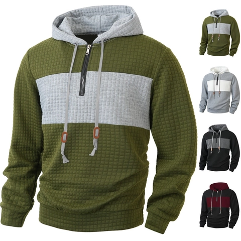 Felpa Con Cappuccio Da Uomo Con Mezza Zip Maglia A Nido D'ape Color Block Manica Lunga Casual
