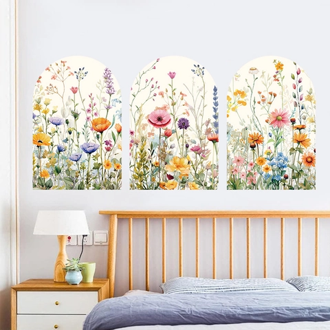 Arched PVC Wall Stickers Self Adhesive Watercolor Floral Abstract Bohemian Landscape Home Decor Wall Decals