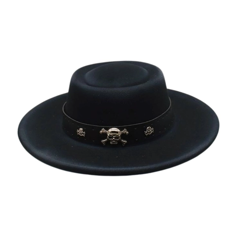 Vintage Fedora Hat Wool Felt Wide Brim Jazz Cap With Metal Skull Faux Leather Band Punk Gothic Western Style For Men Women