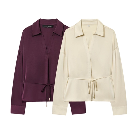 Satin Bluse Damen Langarm V-Ausschnitt Revers Hemd Bindegürtel Kordelzug Elegant Einfarbig Acetat Satinnoptik Mode Oberteil
